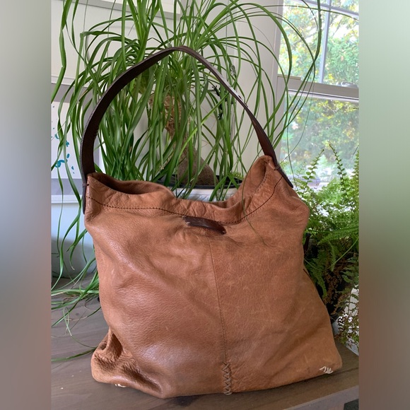 Lucky Brand tan brown leather hobo bag with whipstitch and bead details - Picture 3 of 13